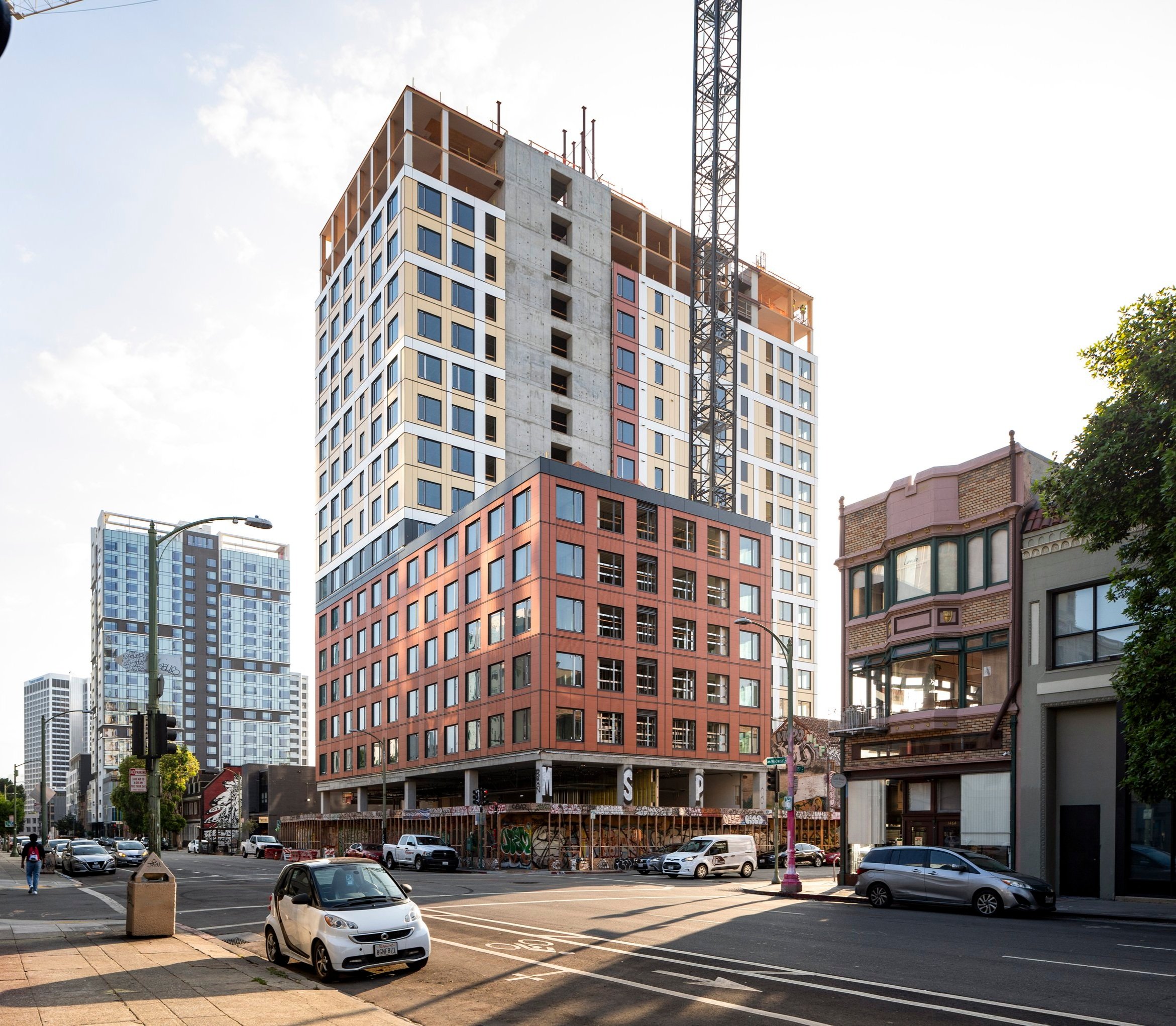 Mass timber construction for a multifamily housing project in Oakland, using lower-carbon wood-based materials sourced from a zero-waste manufacturer.