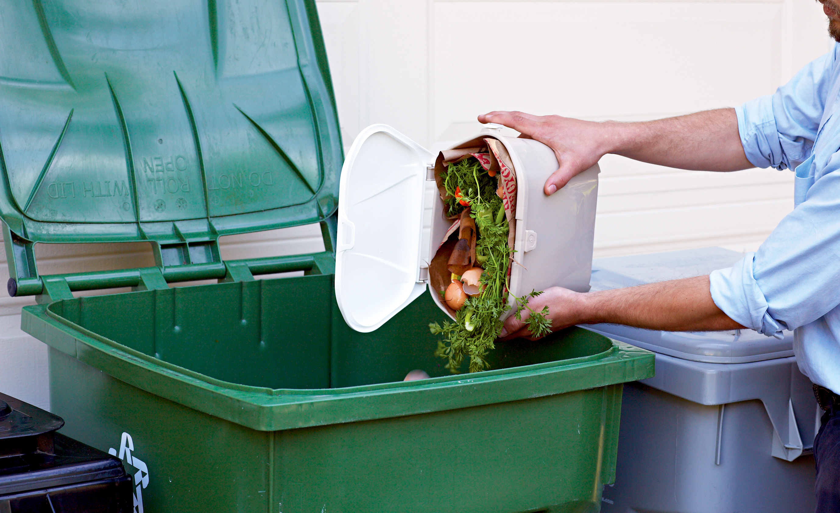 Person dumping foodscraps in kitchen pail into curbside green bin