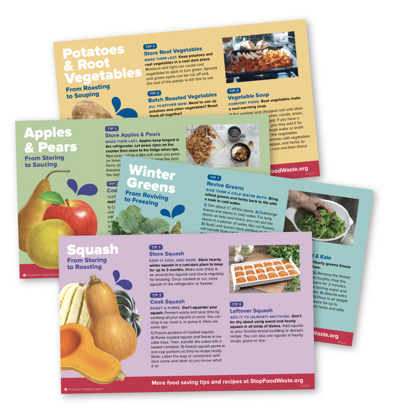 four postcards with seasonal food saving tips