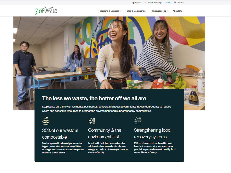 Screenshot of StopWaste homepage featuring hero image and three factoids.