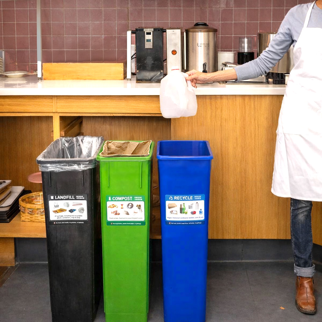 Person holding empty milk jug over three waste bins