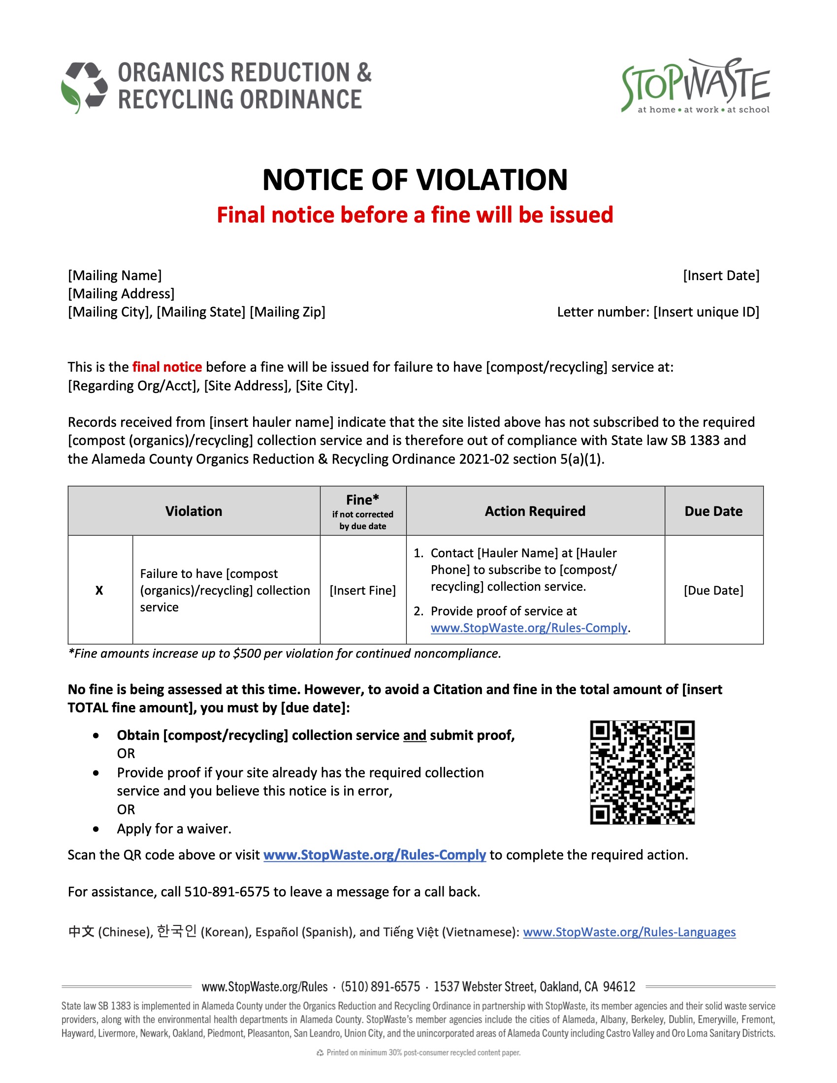 Sample notice of violation form