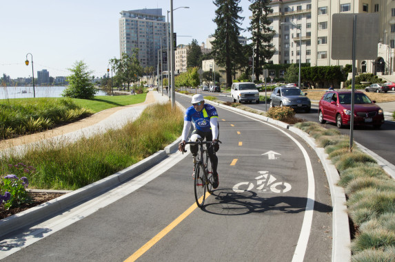 Person on a bike lane in Oakland Lake Merritt