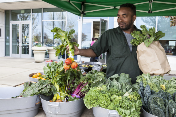 Person shops for fresh produce at a farmer's market in Alameda County